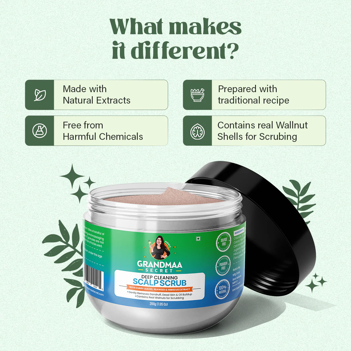 Scalp Scrub with Curry Leaves & Seaweed - Removes Dandruff, Dead Skin & Oil Buildup - 200g - Image 3